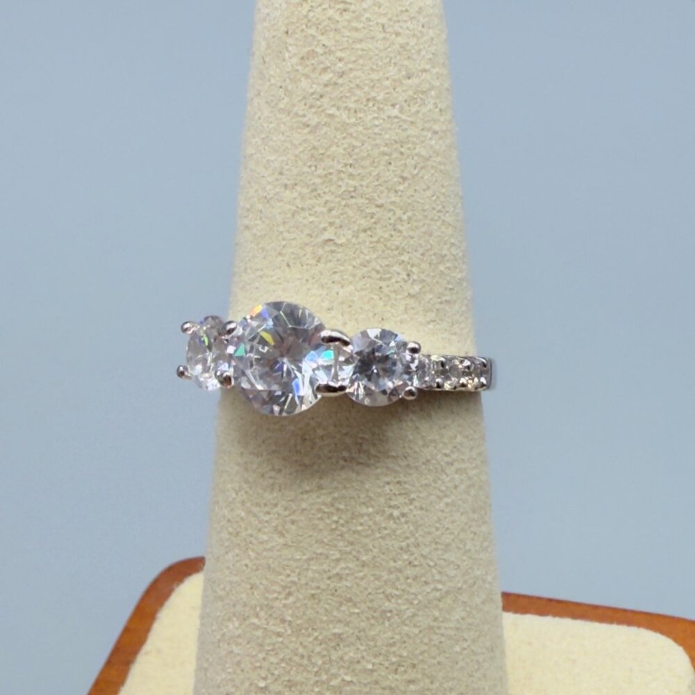 Three Stone Cubic Zirconia Engagement Ring Silver Tone Round Cut Size 6 - Picture 9 of 14